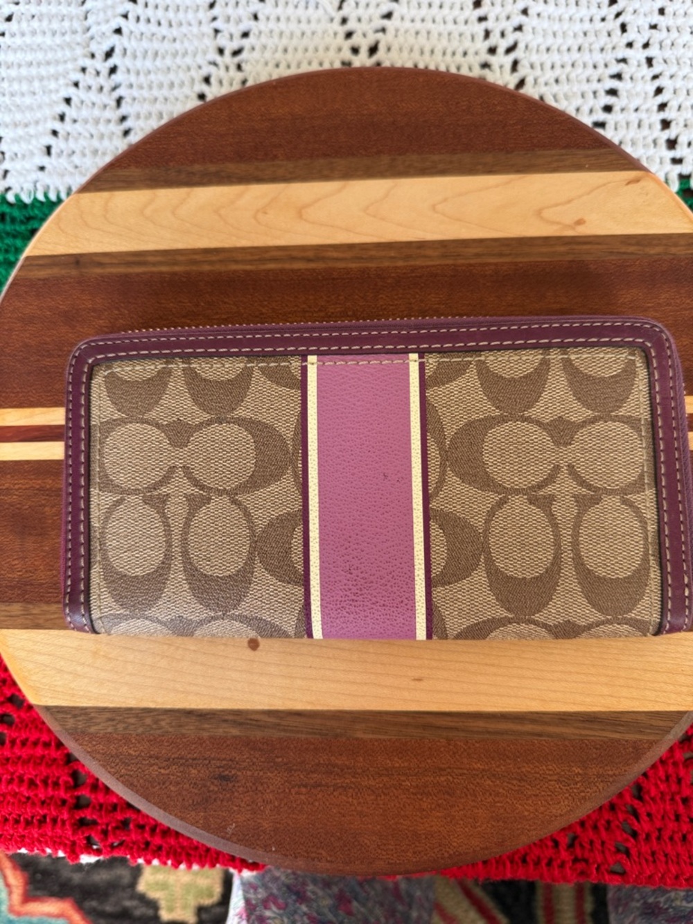 Coach Brown Signature Canvas Zip Wallet with Purple Trim - Picture 4 of 14